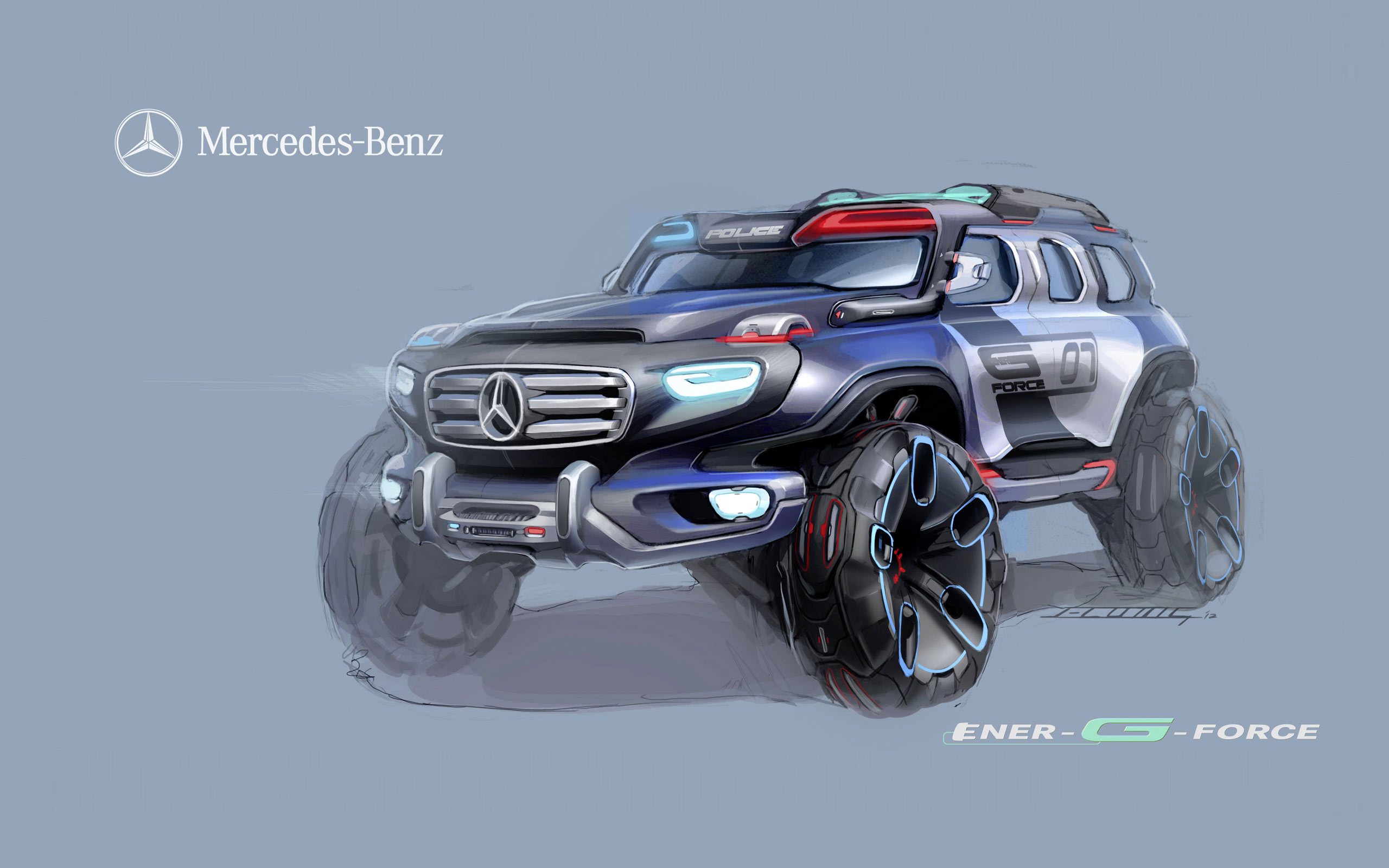 Нарисованный Mercedes-Benz Ener-G-Force Concept на синем фоне